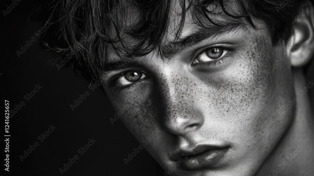 Androgynous young man with striking features and freckles in dramatic black and white high contrast portrait showcasing deep expressive eyes. Androgynous young man with striking features and freckles in dramatic black and white high contrast portrait showcasing deep expressive eyes.
