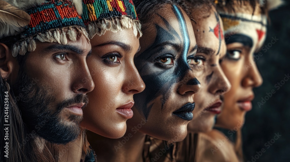 Obraz premium Multiethnic Portrait of Diverse Individuals Displaying Cultural Heritage with Face Paint and Traditional Attire in Dramatic Lighting