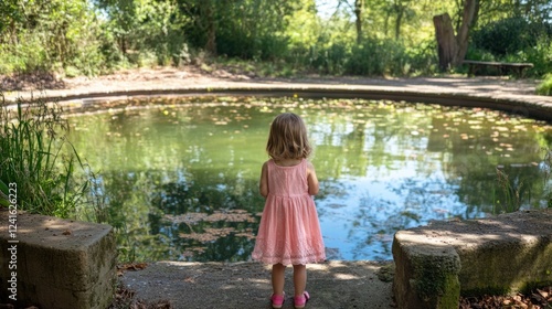 A young girl in a pink dress standing by a tranquil green pond surrounded by lush greenery at WoodUp Pool in Tollesbury Maldon Essex photo