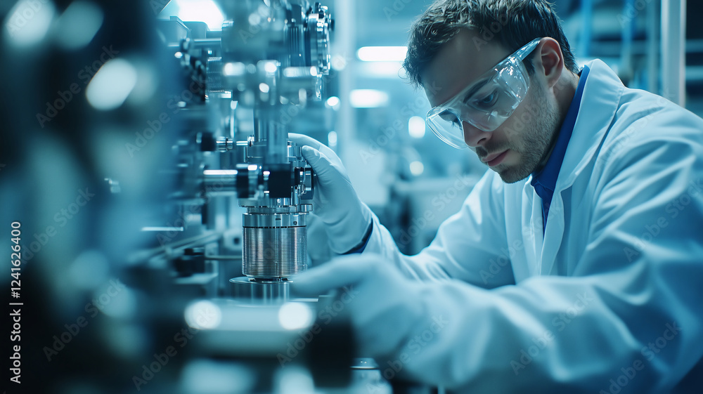 Skilled technician analyzes complex machinery in a high-tech facility Skilled technician analyzes complex machinery in a high-tech facility