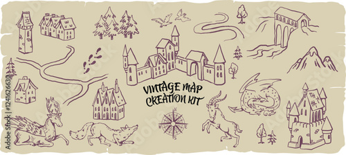 Vintage map clipart, antique cartography, old world map elements, medieval fantasy ma