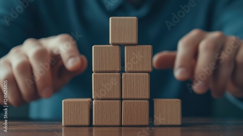 Building a pyramid with wooden blocks on a table.