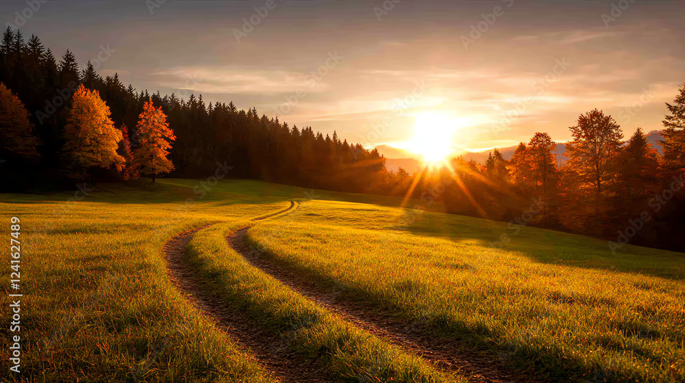 A serene sunlit path through a forest, symbolizing wellness retreats, wide-angle, golden hour A serene sunlit path through a forest, symbolizing wellness retreats, wide-angle, golden hour