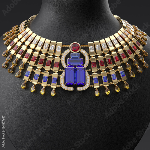 Luxurious necklace of diamonds, sapphires and rubies on the leather stand in the form of the bust. Plastron in Egyptian style. Jewelry showcase. Close-up. 3d rendering.