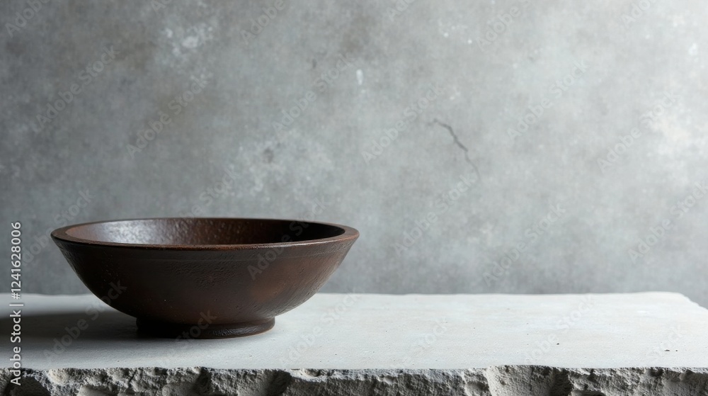 A rustic dark brown bowl sits on a light gray stone surface against a textured gray backdrop, ideal for showcasing products or culinary creations. A rustic dark brown bowl sits on a light gray stone surface against a textured gray backdrop, ideal for showcasing products or culinary creations.