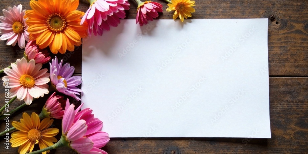 Obraz premium Blank Sheet of Paper Adorned with Vibrant Blossoms on Rustic Wooden Surface