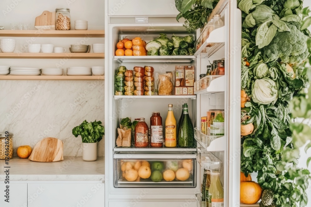 Modern Minimalist Kitchen With an Open Fridge Filled With Colorful Groceries and Fresh Produce Modern Minimalist Kitchen With an Open Fridge Filled With Colorful Groceries and Fresh Produce