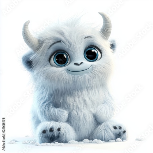 baby yeti with tiny horns and a playful expression, sitting on a snowy ground, isolated on white