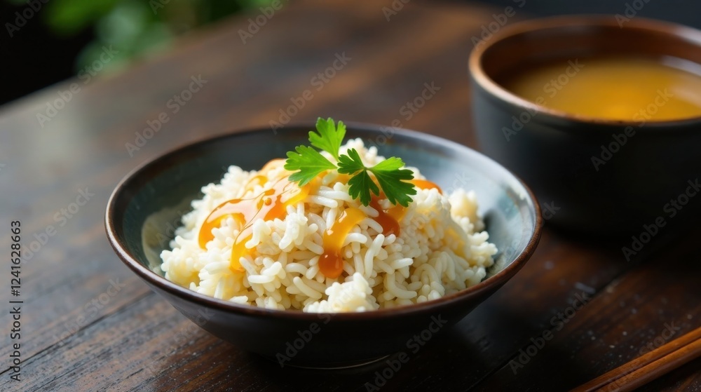 Aromatic Cooked Rice with Savory Glaze and Fresh Herb Garnish in a Dark-Colored Bowl Aromatic Cooked Rice with Savory Glaze and Fresh Herb Garnish in a Dark-Colored Bowl