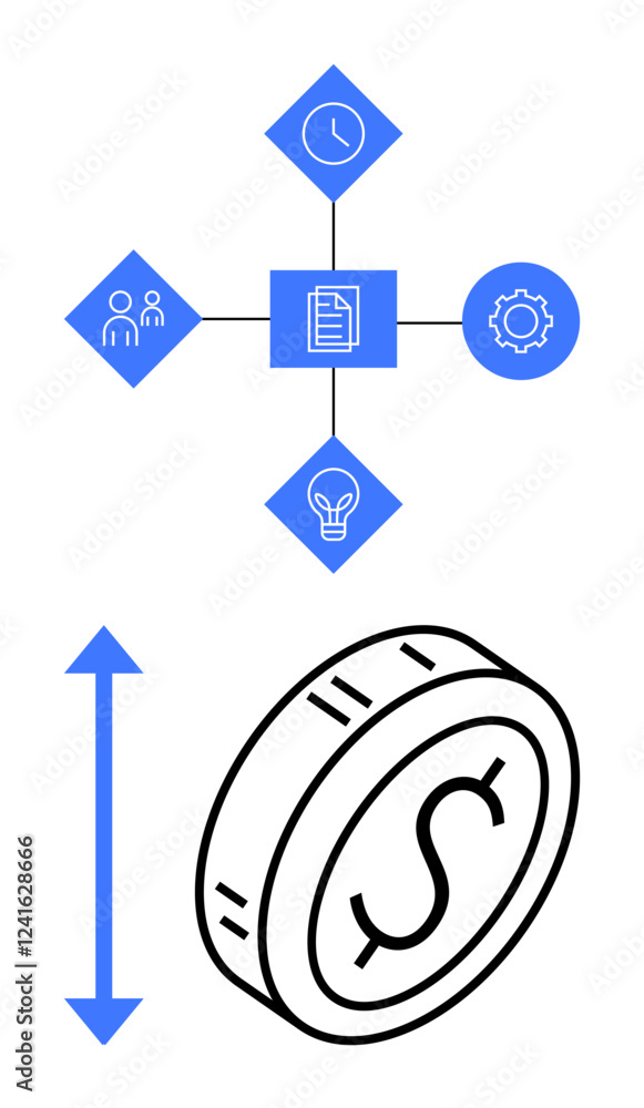 Obraz premium Blue geometric icons of a clock, team, document, lightbulb, and gear connected by lines. Below, a dollar coin and bidirectional arrow represent investment, growth and strategy. Ideal for budgeting