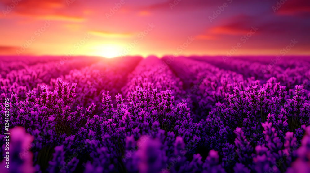 Obraz premium A soft-focus image of a lavender field at dusk, symbolizing stress relief, serene tones, cinematic mood