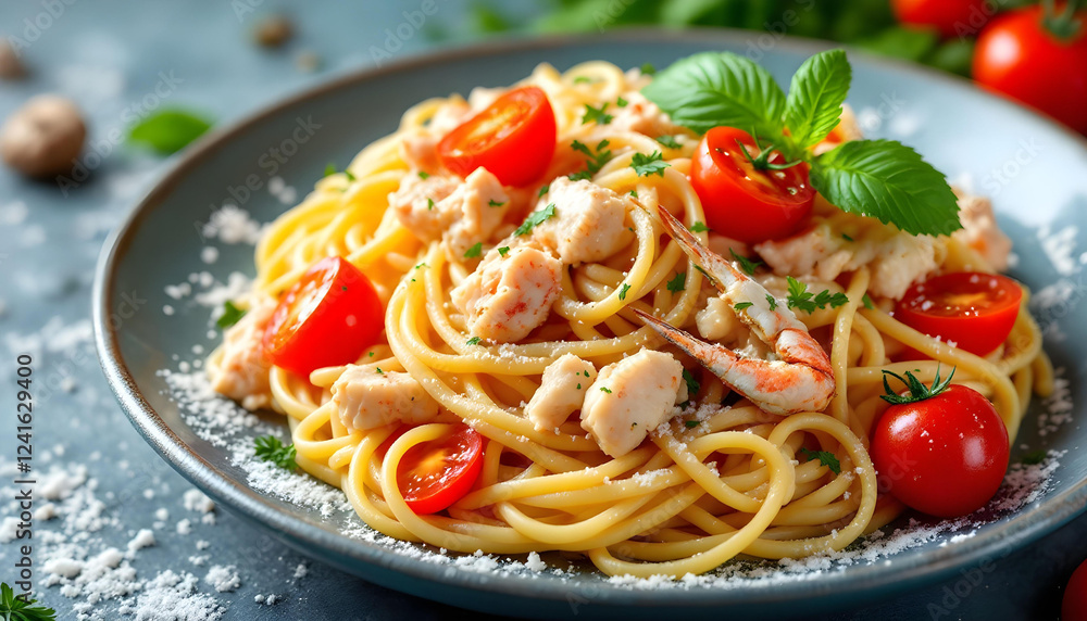 Pasta with crab meat and tomatoes on complex background Pasta with crab meat and tomatoes on complex background