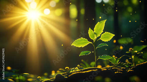 A soft-focus image of a serene forest with sunlight streaming through, symbolizing tranquility, dreamy mood photo