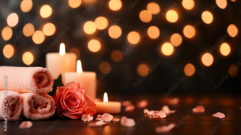 A spa-like setup with flowers, towels, and candles, symbolizing wellness retreats, macro photography A spa-like setup with flowers, towels, and candles, symbolizing wellness retreats, macro photography