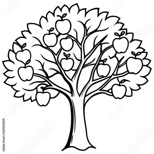 A black and white illustration of a tree with apples, suitable for coloring or design.