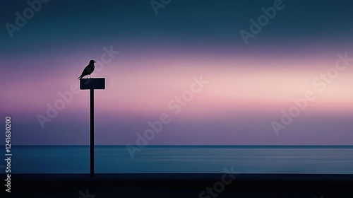   A bird perched atop a street sign, overlooking a body of water beneath a purple sky