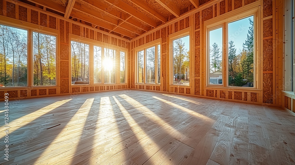 Unfinished room with large windows and wooden beams natural light flooding in construction phase interior space ready for finishing touches Unfinished room with large windows and wooden beams natural light flooding in construction phase interior space ready for finishing touches