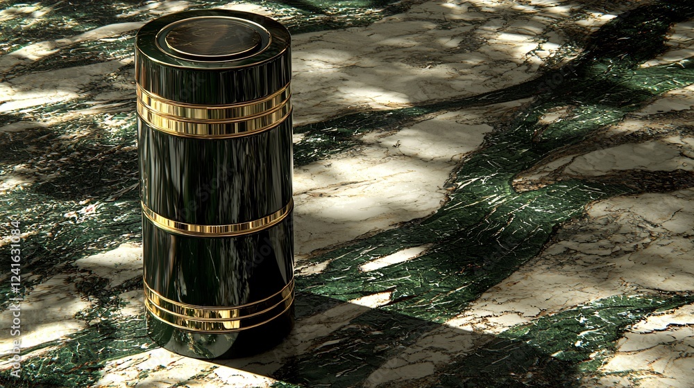 Ornate Dark Cylinder with Golden Accents on Marble Surface a Study in Contrast and Luxury Presentation. Ornate Dark Cylinder with Golden Accents on Marble Surface a Study in Contrast and Luxury Presentation.