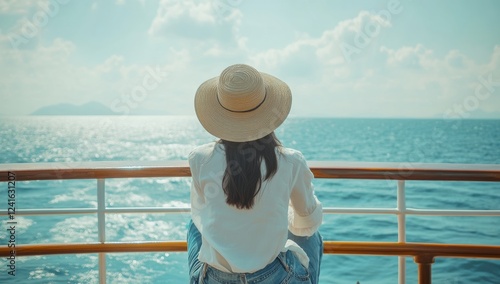 A young woman, full of summer vibes and cheer, revels in the endless sea and warm sunshine on a luxurious cruise deck, feeling free and adventurous, eager for exploration and new experiences photo