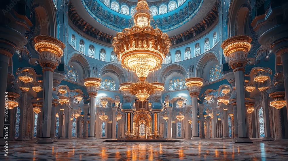 Obraz premium The interior of an ornate building with columns and chandeliers.