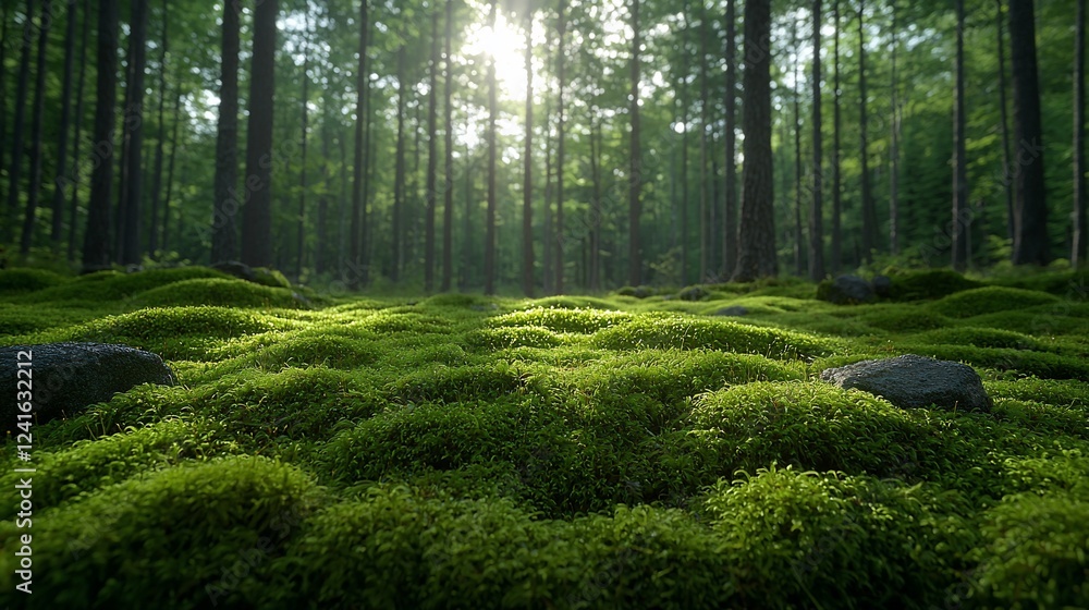 Fototapeta premium Lush green moss covering the forest floor with sunlight filtering through tall trees, creating a serene atmosphere