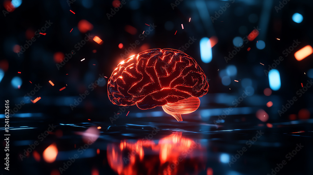 A surreal composition of a glowing brain surrounded by geometric shapes, symbolizing mental health awareness, futuristic style