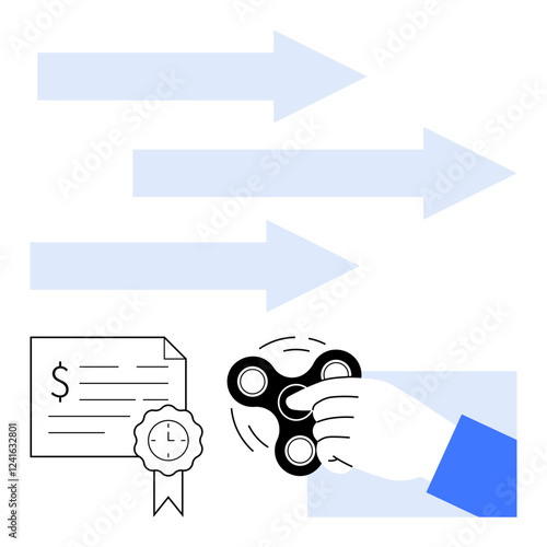 Hand spinning a fidget spinner, signed certificate with seal, and arrows pointing right. Ideal for business progress, relaxation, certification, focus, achievement, productivity and forward