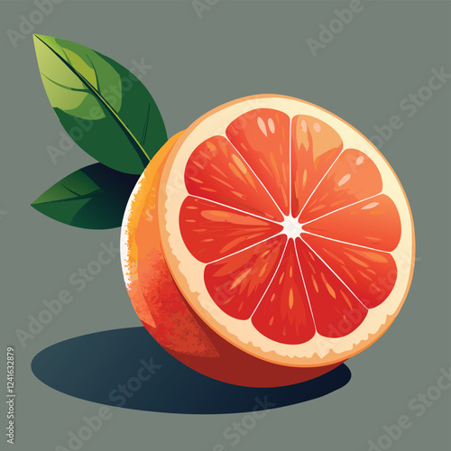 A vibrant illustration of a grapefruit slice with green leaves.