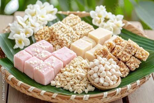 Beautifully Arranged Platter of Traditional Thai Snacks and Sweets With Floral Accents on a Wooden Table