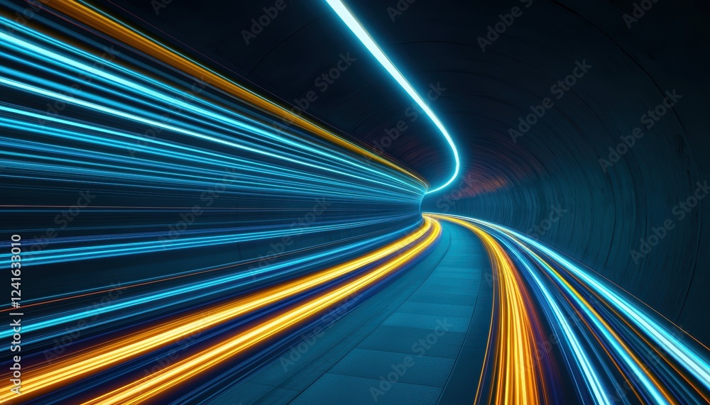 Fototapeta premium A futuristic neon-lit tunnel glowing with dynamic gradient light trails, forming a sleek high-energy pathway into an infinite void