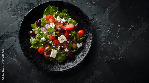 Top down view of a plate withgreek salad with olives, tomatos and goat cheese on a dark black stone texture background with copy space for text photo