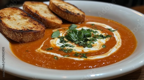 A bowl of tomato soup with toasted bread and herbs. photo