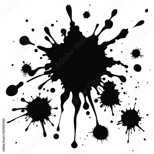 A black ink splash design with various droplets, suitable for creative projects.