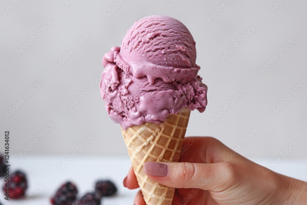 Female hand holding a double scoop of blueberry ice cream in a cone, with a blue sky background, highlighting the vibrant color Female hand holding a double scoop of blueberry ice cream in a cone, with a blue sky background, highlighting the vibrant color