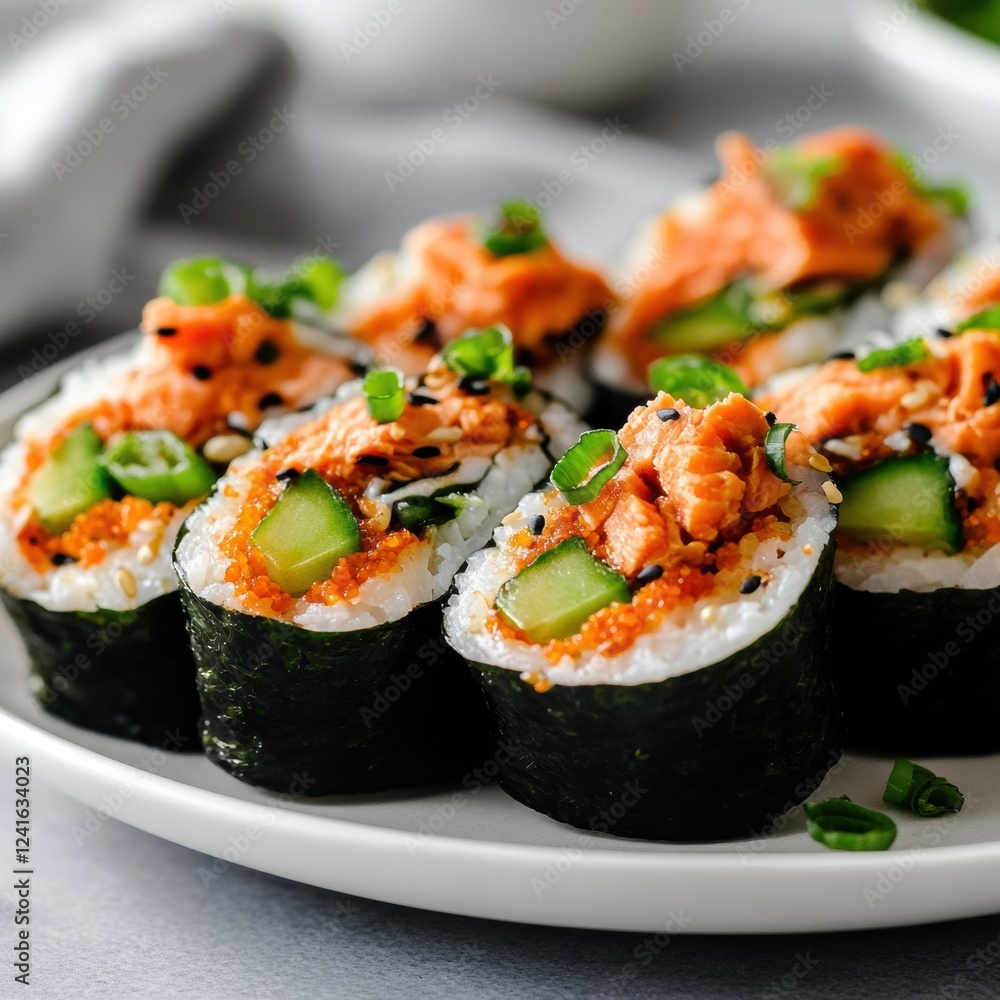 Fresh sushi rolls with salmon and cucumber served on a white plate against a neutral backdrop. Generative AI Fresh sushi rolls with salmon and cucumber served on a white plate against a neutral backdrop. Generative AI