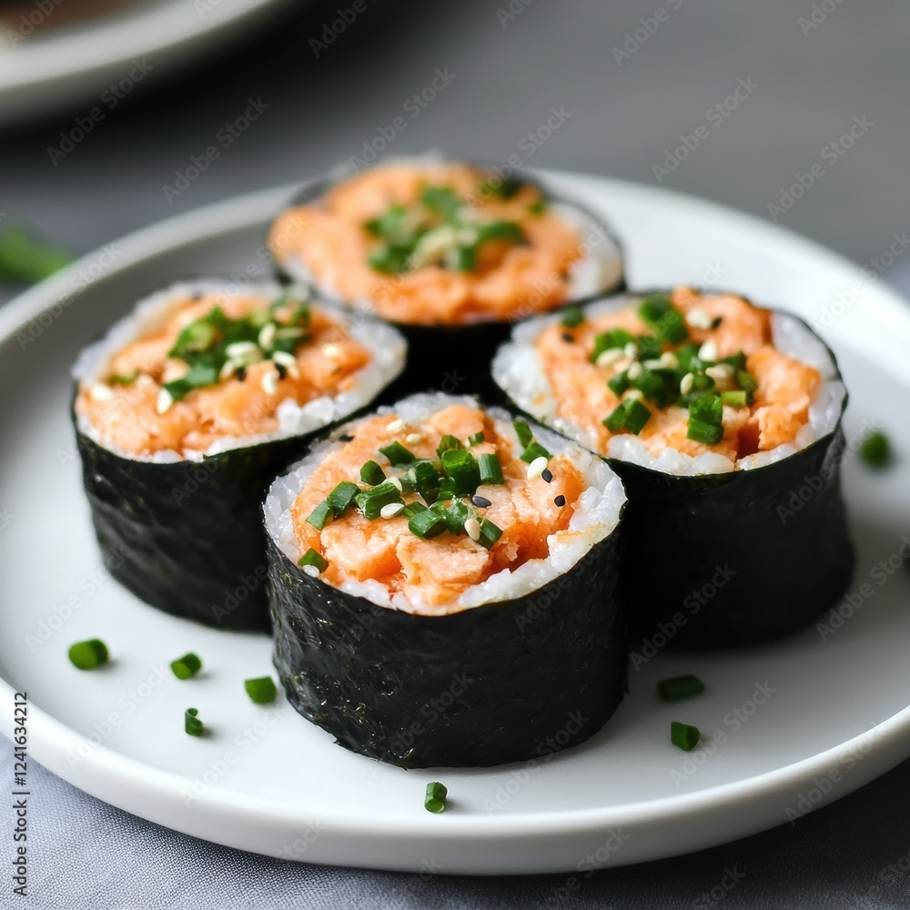 Freshly prepared sushi rolls with salmon and chives on a white plate for a delightful culinary experience. Generative AI Freshly prepared sushi rolls with salmon and chives on a white plate for a delightful culinary experience. Generative AI