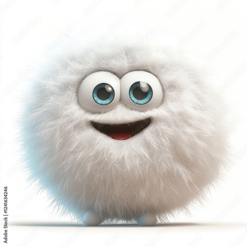 Obraz premium fluffy cloud-like monster with a soft cotton texture, bright eyes, and a happy expression, isolated on white