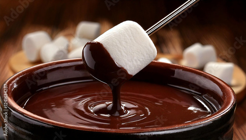 dipping marshmallow in melted chocolate fondue closeup