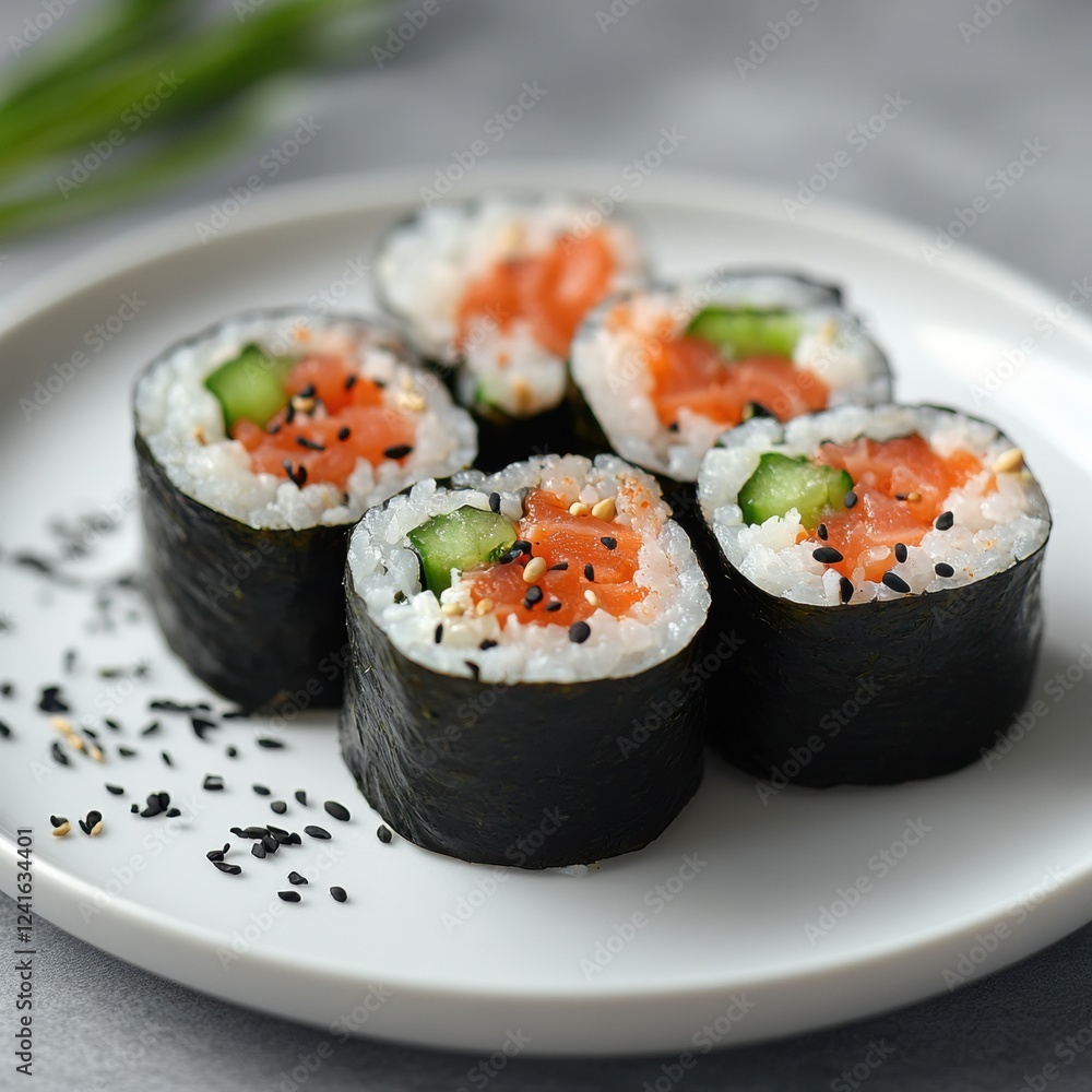 Sushi rolls with salmon and cucumber served on a white plate in a cozy dining setting. Generative AI Sushi rolls with salmon and cucumber served on a white plate in a cozy dining setting. Generative AI