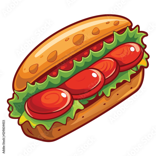 A colorful illustration of a sandwich with lettuce, tomatoes, and a toasted bun.