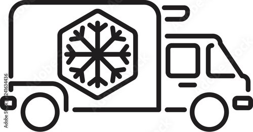 Simple black and white line art icon of a refrigerated truck, ensuring safe and efficient delivery of temperature sensitive products