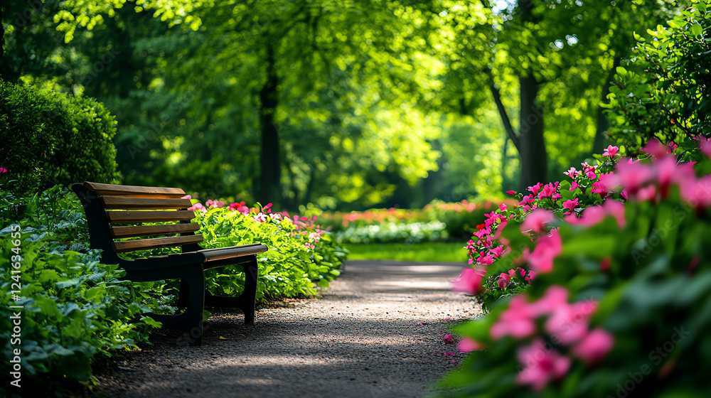 A tranquil garden with a meditation bench surrounded by blooming flowers A tranquil garden with a meditation bench surrounded by blooming flowers