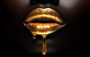 Fotobehang Zwart goud Gouden lippen met druipende verf  © Hasanka
