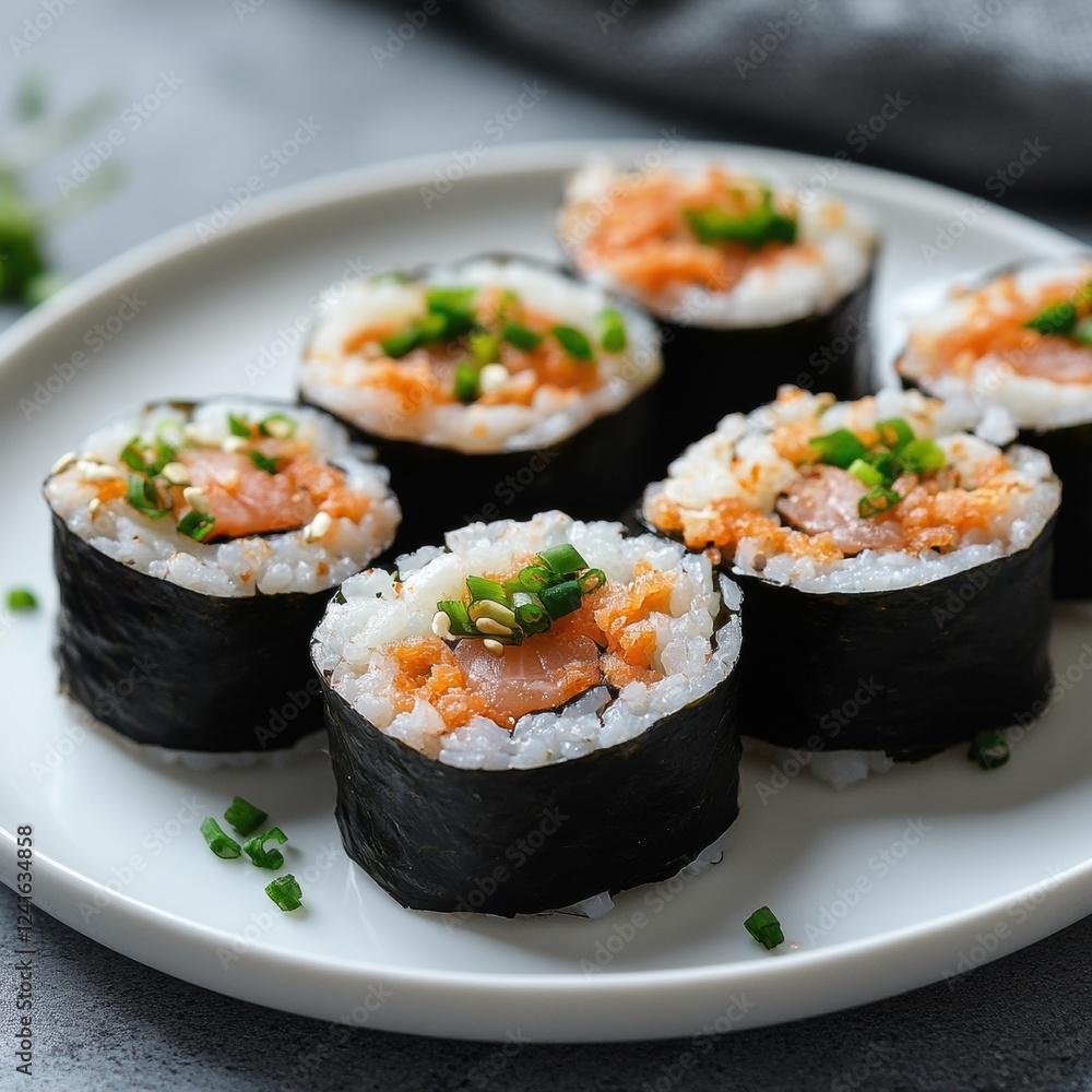 Freshly made sushi rolls with salmon and green onion on a white plate. Generative AI Freshly made sushi rolls with salmon and green onion on a white plate. Generative AI