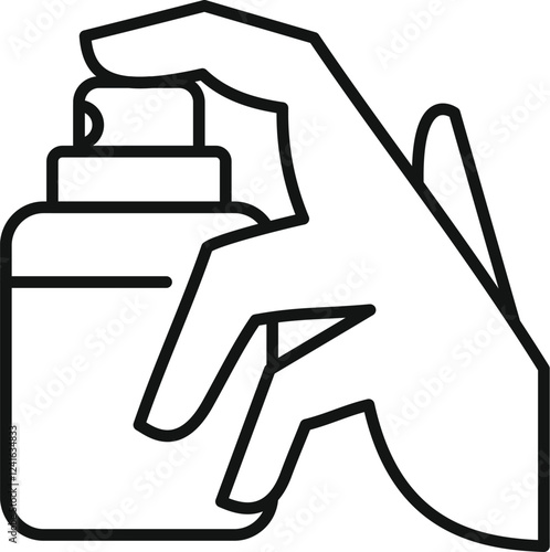 Hand is holding and spraying a cosmetic bottle, likely perfume or hairspray