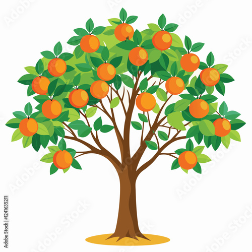 A vibrant illustration of an orange tree filled with ripe oranges and green leaves.