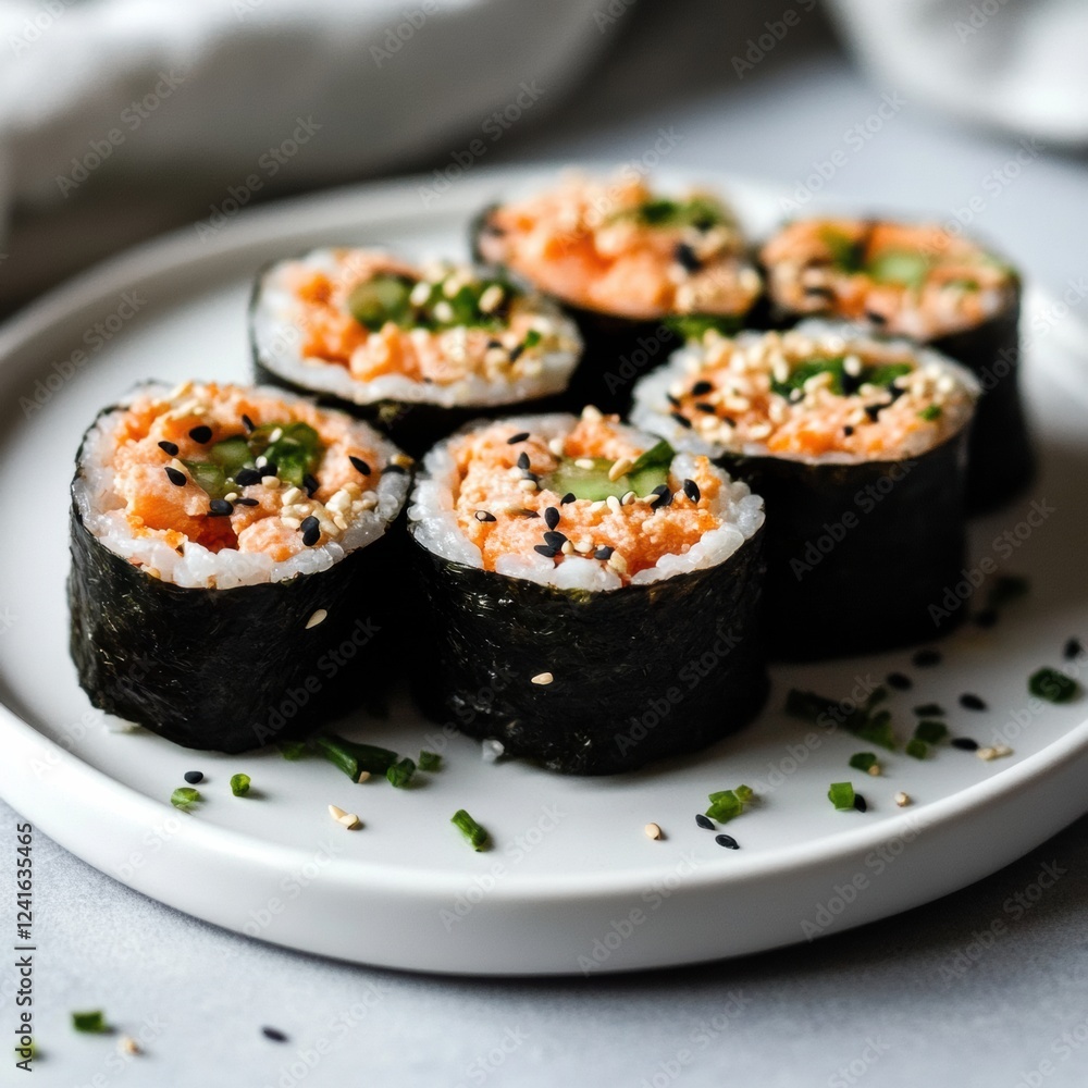 Sushi rolls prepared with fresh ingredients and served on a white plate ready for enjoyment at a dining table. Generative AI Sushi rolls prepared with fresh ingredients and served on a white plate ready for enjoyment at a dining table. Generative AI