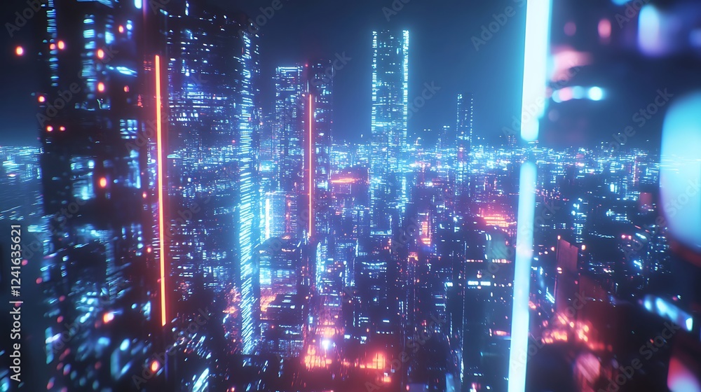 A Nighttime View of a Futuristic City with Neon Lights A Nighttime View of a Futuristic City with Neon Lights