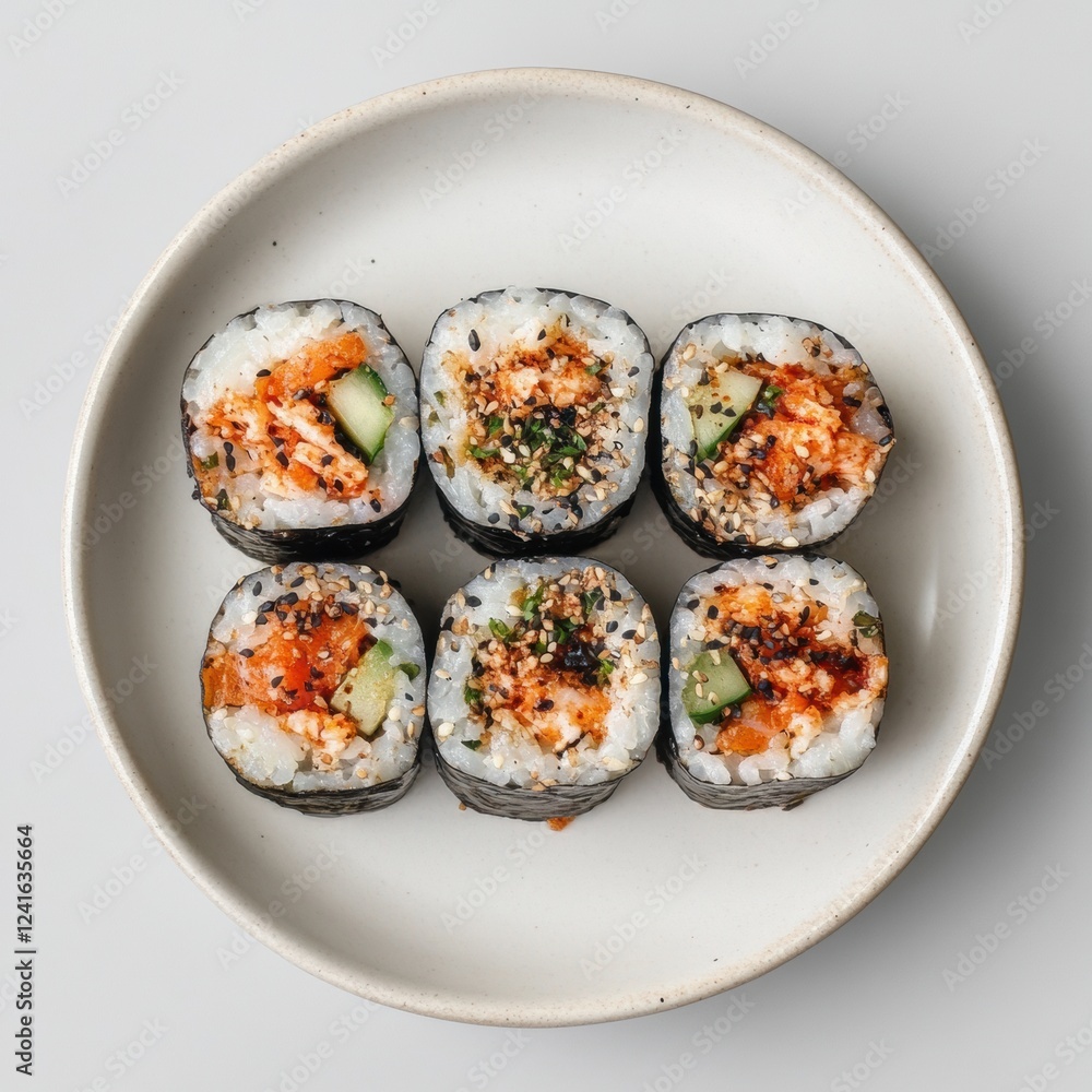 Fresh sushi rolls served on a simple white plate with vibrant colors and delicious toppings. Generative AI Fresh sushi rolls served on a simple white plate with vibrant colors and delicious toppings. Generative AI