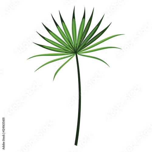 A stylized illustration of a green palm-like plant with elongated leaves.